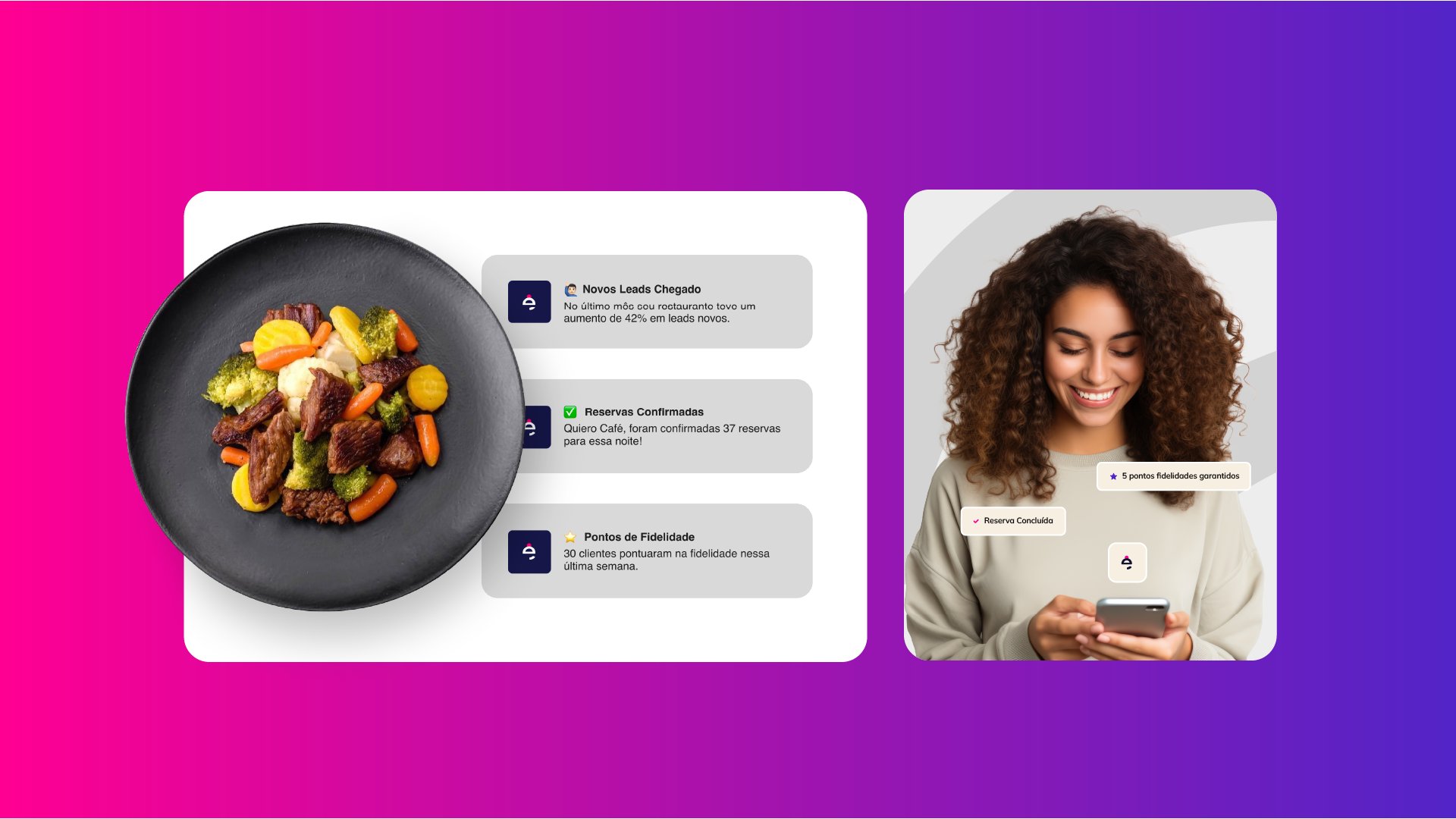 Prato de comida com cards de notificações do aplicativo LeadsFood, incluindo novos leads, reservas e pontos de fidelidade
