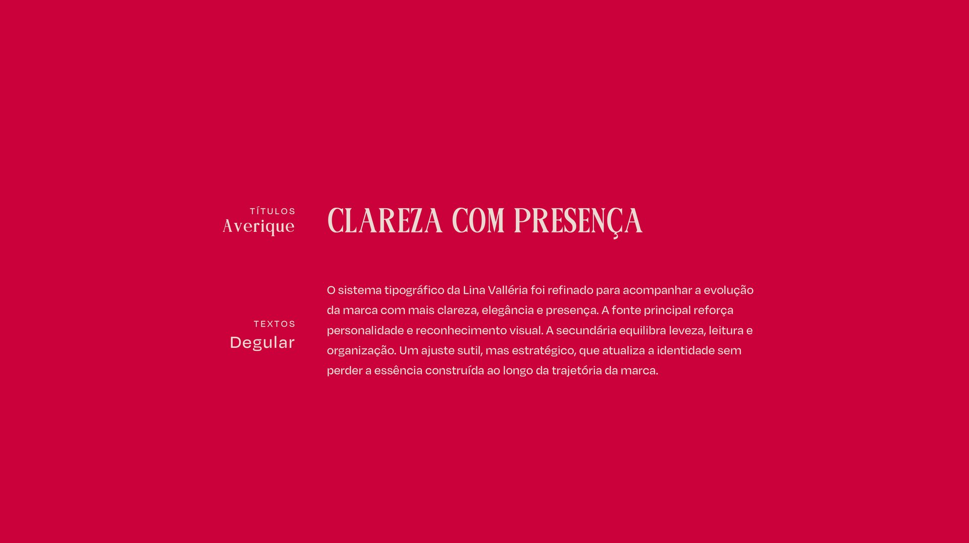 Slide "Clareza com presença" com especificações tipográficas da marca Lina Valléria