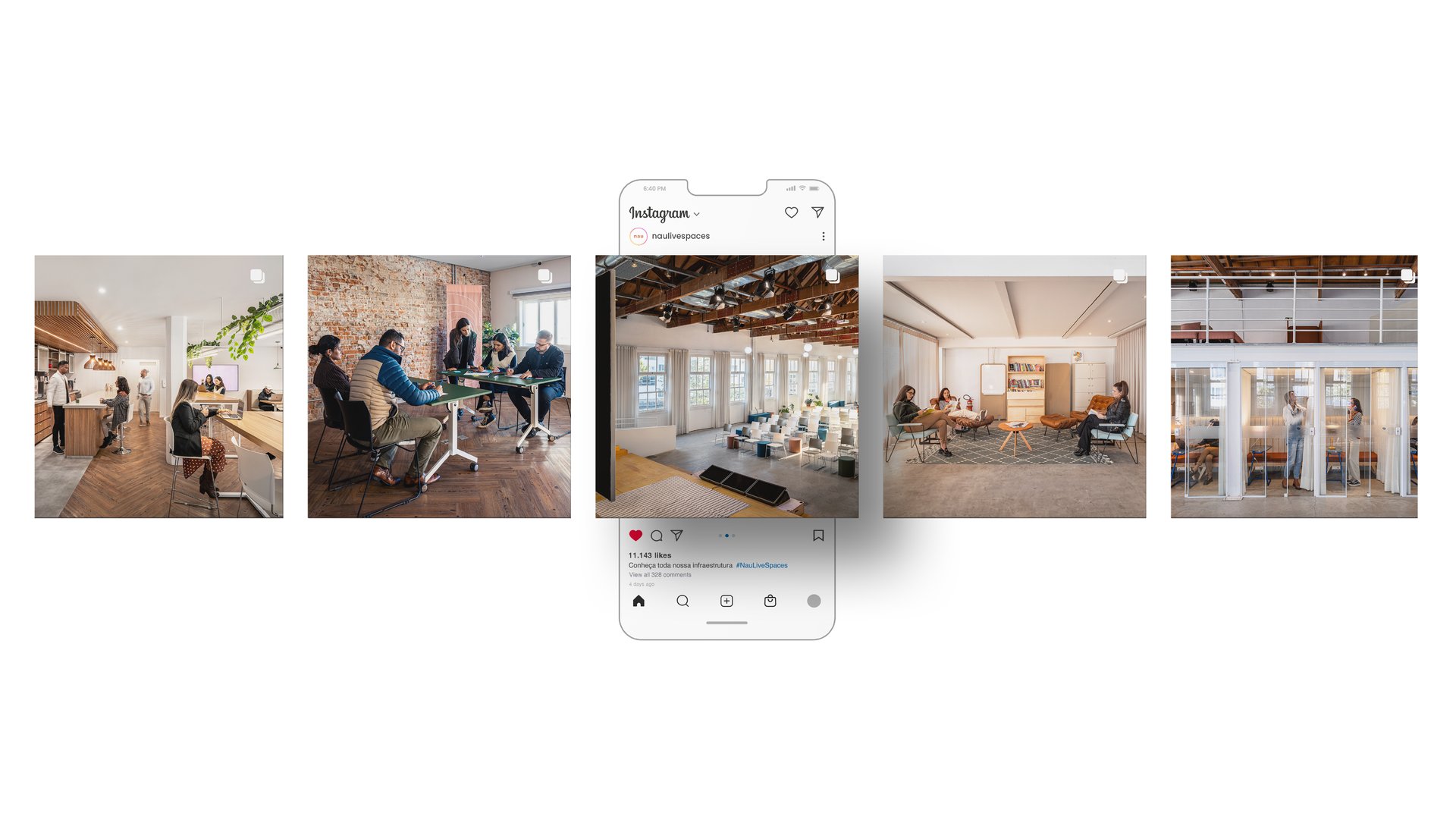 Galeria de fotos do espaço NAU Live Spaces em publicação no Instagram, com mockup de celular ao centro